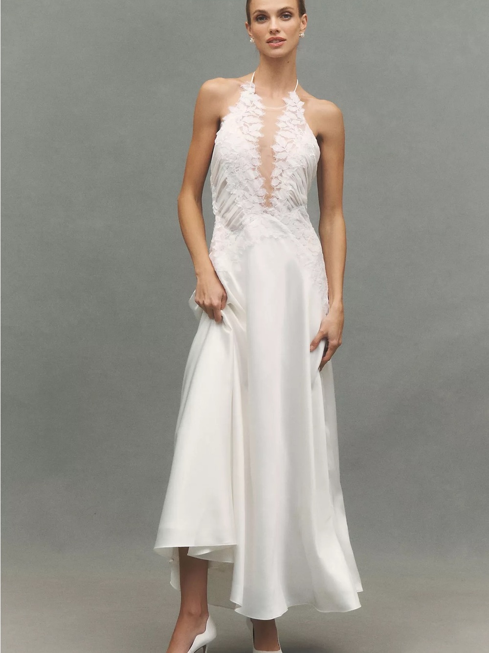 BHLDN White Halter Lace Bodice Satin Wedding Dress